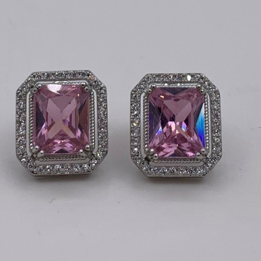 Topaz earrings, 925 sterling silver, pale pink, classic halo emerald cut.